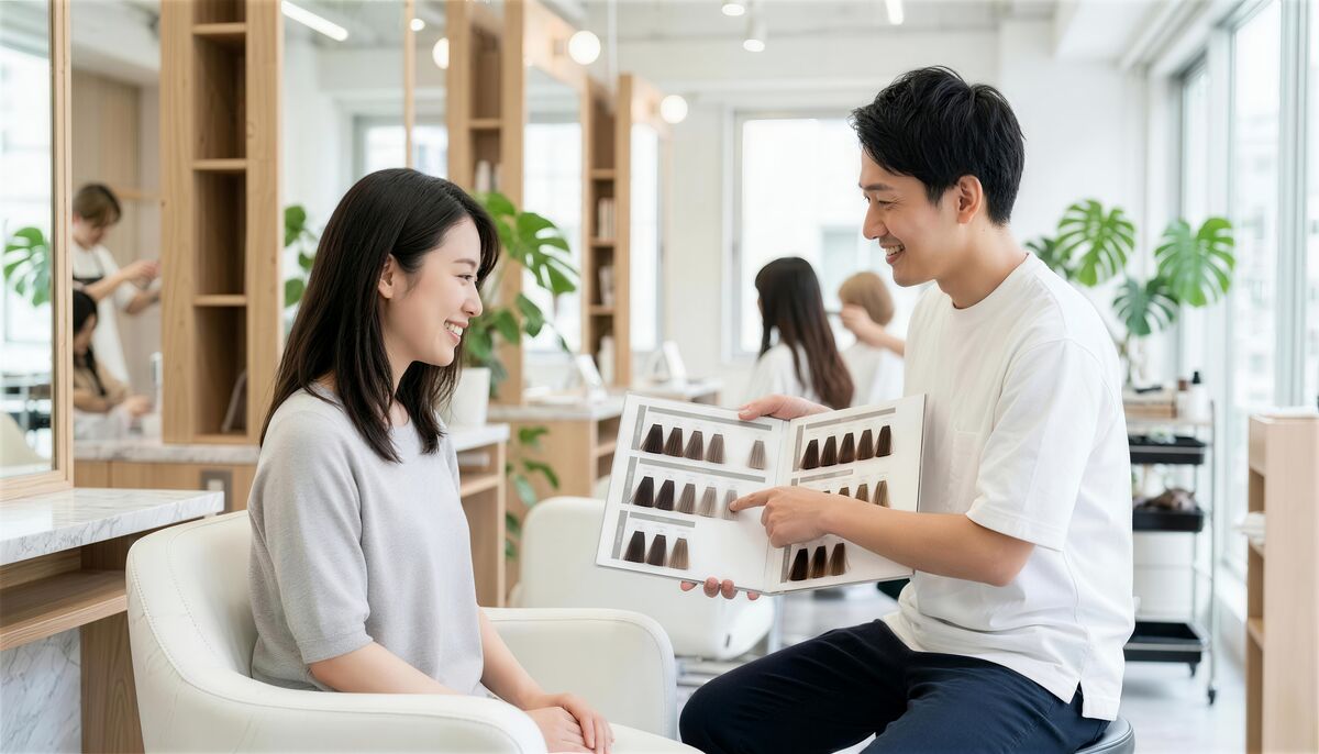 明るいサロンで、カラーの見本帳を見ながら話すスタイリストとお客さま
